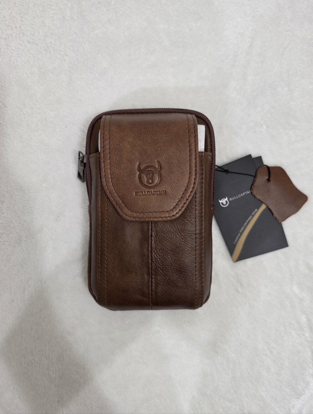 BullCaptain Clippable Vertical Phone Belt Bag in Brown Genuine Leather